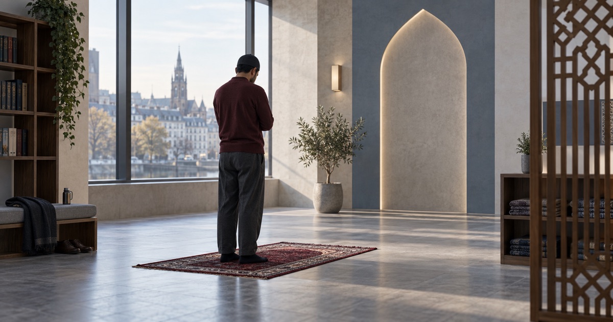 Fedele musulmano in preghiera rivolto verso la qiblah.