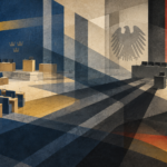 Illustrazione sulla destra radicale in Svezia e Germania: aule parlamentari, bandiere nazionali e lunghe ombre